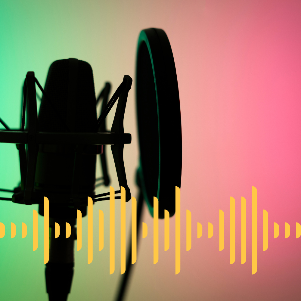 צללית של מיקרופון קונדנסר מקצועי עם פופ-פילטר על רקע תאורה צבעונית וגלי קול צהובים.