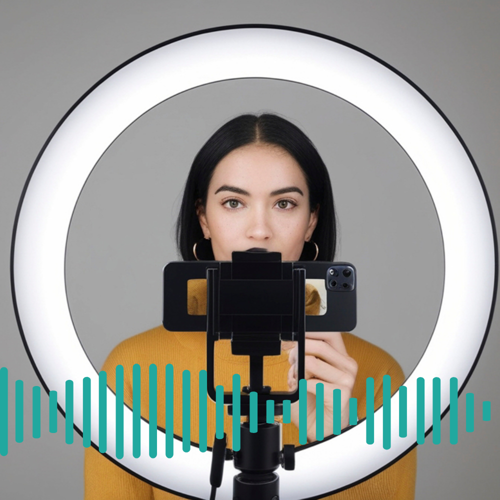 יוצרת תוכן מול רינג לייט וטלפון חכם להקלטת וידאו וסאונד, עם גרפיקה של גלי קול בטורקיז.